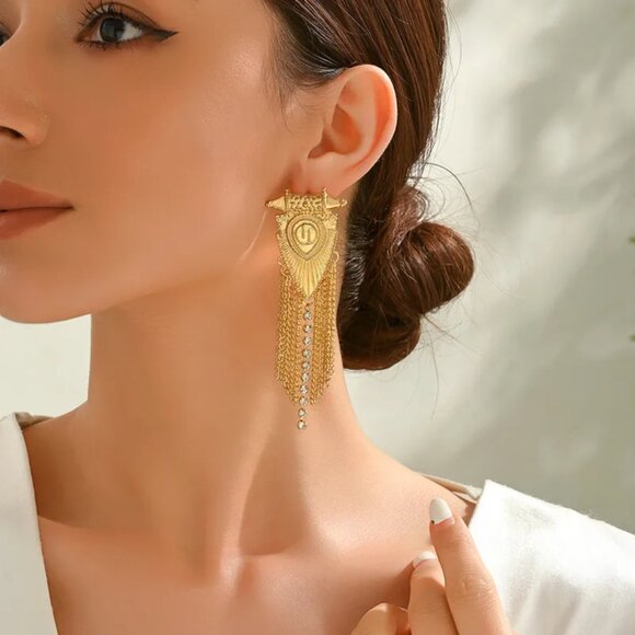 Private Label Jewelry - NEW Constantina Gold Shield Chain Drop Ornate Statement Earrings
